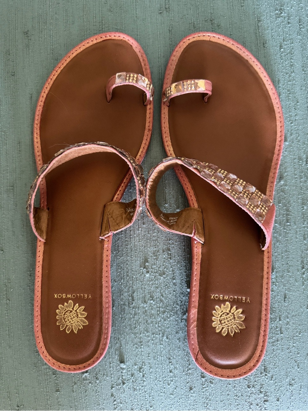Yellow Box Rose Pink Beaded Toe-Loop Gladiator Sandals